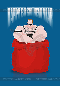 BDSM Happy New Year. Sex slave in red sack of - vector clip art