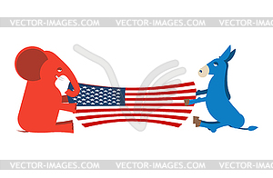 Elephant and Donkey divide USA flag. Political Part - vector clipart