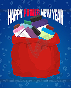 Happy power new year. Protein in red sack of Santa - vector clip art