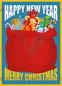 Happy New Year retro card. Bag of Santa Claus with - vector image