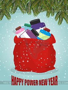 Protein in red sack of Santa Claus. Happy power - vector image