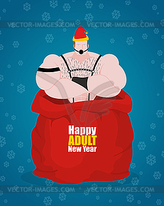 BDSM Sex slave in red bag of Santa Claus. Happy - vector clipart