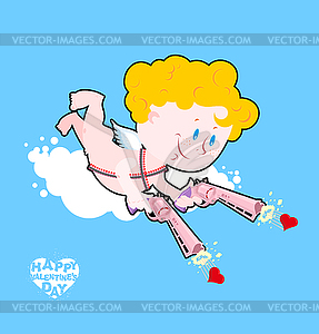 Happy Valentines day. Cupid shoots hearts. Love gun - vector image