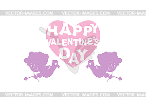 Valentines day. Silhouette Cupid and heart. Emblem - vector image