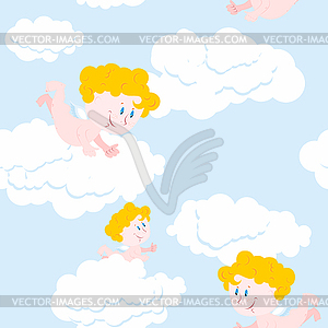 Angel and clouds seamless pattern. Cute little - vector clipart