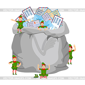 Sack with mail post to Santa Claus and elves. Big - royalty-free vector image