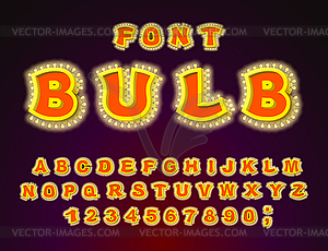 Bulb font. Glowing letters. Retro Alphabet with - vector image