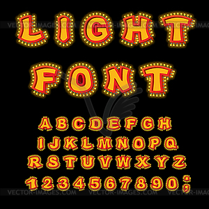 Light шрифт. Ретро алфавит с лампами. пылающий - стоковый векторный клипарт
