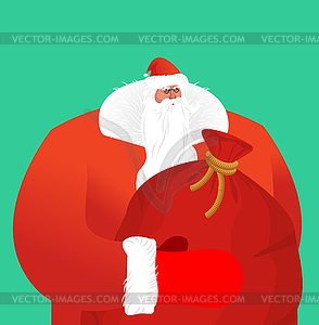 Santa Claus with sackful toys and sweets. Big red - vector clipart