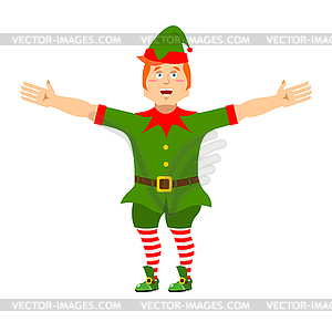 Happy Christmas elf. Jolly Santa Claus helper. Merr - vector image