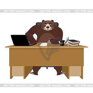 Медведь сидит в офисе. Русский босс за столом. - изображение в формате EPS