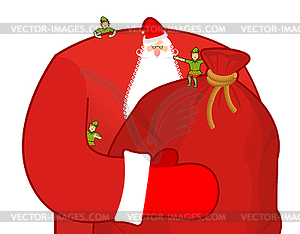 Santa Claus with big sack of gifts. Christmas elf - color vector clipart