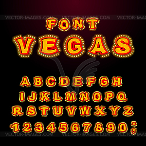 Vegas font. Glowing lamp letters. Retro Alphabet - vector clipart