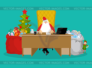 Santa job. Claus checks mail of children. Big bag o - vector clipart