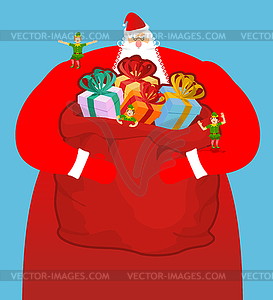 Санта с большим мешком подарков. Красный пакет с игрушками - изображение в векторе / векторный клипарт