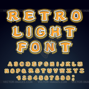 Retro Light font. Glowing letters. Alphabet with - vector image