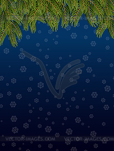 Branches of spruce and night sky. Snowflakes fly. - vector clip art