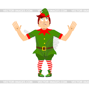 Surprised Christmas elf raised his hands to sides. - vector image