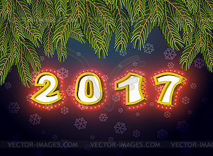 2017 with lamps fir branches. Luminous signboard. - vector image