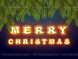 Merry Christmas with lamps fir branches. Glowing - color vector clipart