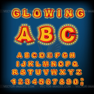 Glowing ABC. Light font. Retro Alphabet with - vector clipart