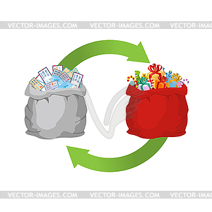 Mail exchange for gift. Bag with letters to Santa - vector clip art