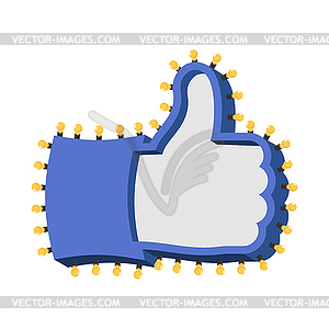Like sign with glowing lights. Thumb up symbol of - vector image