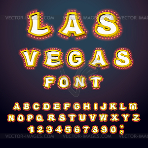 Las Vegas font. Glowing lamp letters. Retro Alphabe - color vector clipart