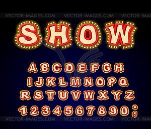 Show font. Glowing lamp letters. Retro Alphabet wit - vector image