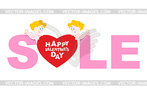 День Святого Валентина продажа. Купидон держит сердце. - иллюстрация в векторе