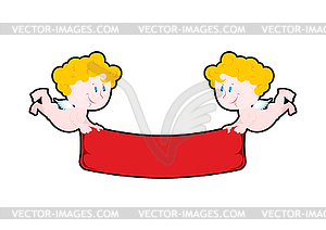 Cupid and Ribbon. Little angel keeps red tape. Spac - vector clipart