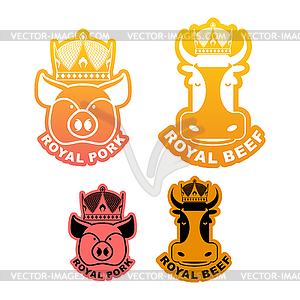 Royal pork and beef logo. Cow in crown. Pig in - vector clipart