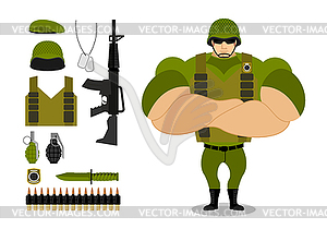 Soldiers and weapons. Set of military ammunition fo - royalty-free vector image