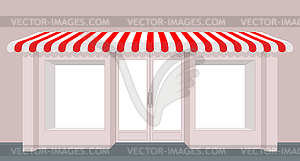 Showcase shop. Rose Shop building. Striped awning - vector clipart