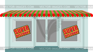 Super sale at store. Shop building with empty - vector image