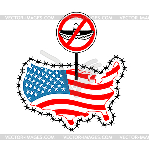 US closes border with Mexico. Stop sombrero. Map - vector clip art