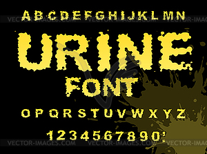 Urine font. Yellow liquid ABC. piss typography. - vector image