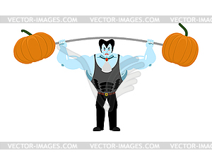 Strong Dracula holding rod and pumpkin. Sports - vector clipart