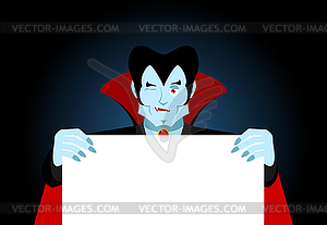 Dracula keeps clean sheet. Vampire and white banner - vector clipart