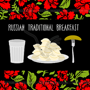 Russian traditional breakfast: vodka, dumplings - vector image