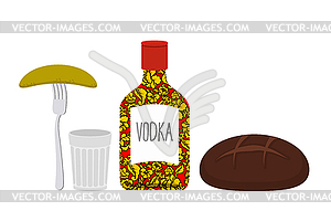 Russian Vodka and glass. Pickled cucumber on plug. - vector clip art