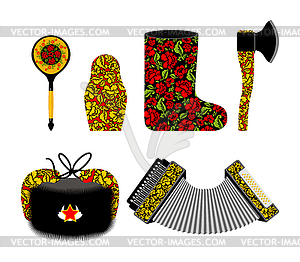 Russian souvenir set Khokhloma painting. Russia - vector clipart