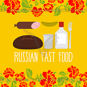 Russian traditional fast food. Vodka and sausage. - vector image