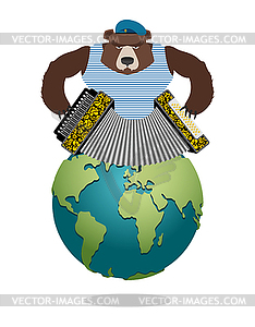 Russian Bear Patriot plays harmonica. Wild animal - vector clipart