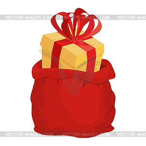 Santa bag with gift. Red big Christmas sack. box - vector clip art
