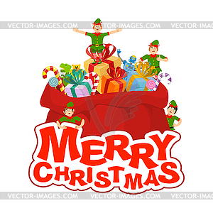 Merry Christmas. Santa bag with gift and elves. - vector clipart / vector image
