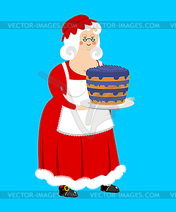 Mrs. Claus and blueberry cake. Wife of Santa Claus - vector clipart