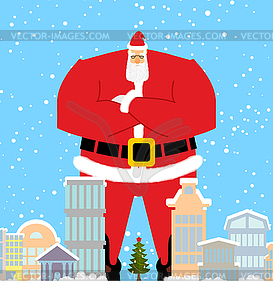 Santa Claus in city. Christmas in town. Snow and - vector clipart