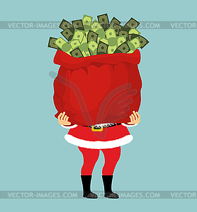 Санта Клаус и мешок с деньгами. Рождественский подарок наличные деньги. красный - клипарт