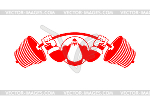 Strong Santa Claus emblem. Santa and barbell logo. - vector image